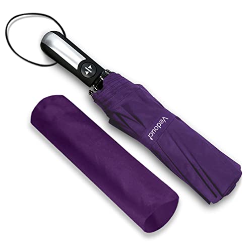 Vedouci USA Folding Umbrella 10 Ribs Compact Travel Umbrella with Teflon Coating, Automatic Umbrellas Anti UV Coating Folding Umbrellas, Purple