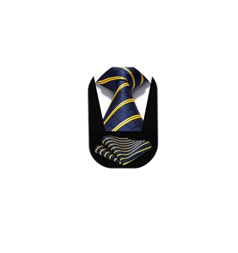 HISDERN Mens Stripe Ties Black and Gold Woven Formal Tie with Handkerchief Classic Blue Stripe Necktie Pocket Square Set Wedding Party