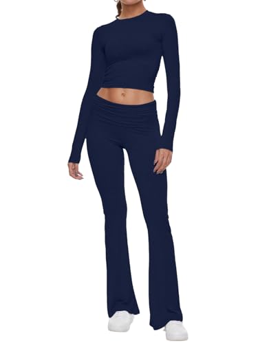 AnotherChill Women's 2 Piece Lounge Sets Fold-over Flare Pants Set Long Sleeve Cropped Top Casual Outfits Pajamas (Navy-Blue, Small)