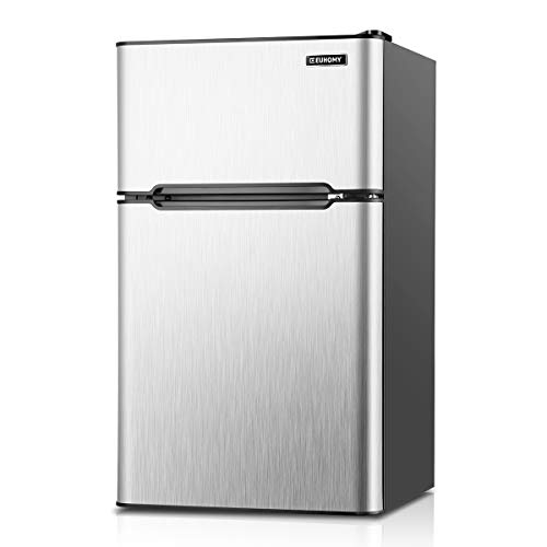 EUHOMY Mini Fridge with Freezer, 3.2 Cu.Ft Mini Refrigerator fridge, 2 door For Bedroom/Dorm/Office/Apartment - Food Storage or Cooling drinks(Silver).