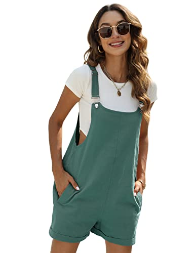 Yeokou Women's Cotton Linen Short Overalls Casual Summer Bib Shortalls with Pockets (Darkgreen, XX-Large)