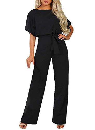 Happy Sailed Women Casual Loose Short Sleeve Belted Wide Leg Pant Romper Jumpsuits Small Black
