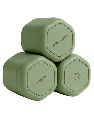 Cadence Travel Containers - Body Care Capsule Set - Magnetic Travel Capsules - For Body Wash, Lotions, Sunscreens - 3 Flex Mediums (1.32oz) with Body Wash, Lotion, & Sun Icon Labels - Eucalyptus