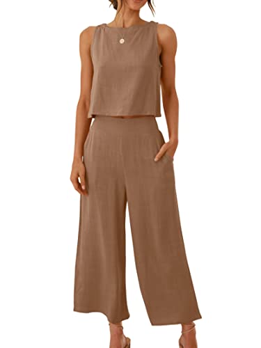 ANRABESS Women's Summer 2 Piece Outfits Sets Sleeveless Tank Crop Top Wide Leg Pants Loungewear Matching Set 2024 Trendy Casual 546kaqi-XL