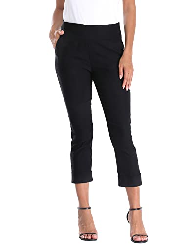 HDE Pull On Capri Pants for Women with Pockets Elastic Waist Cropped Pants Black - L