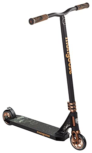 Mongoose Rise 110 Expert Freestyle Stunt/Trick Scooter, Lightweight Alloy Deck & Heavy-Duty Frame Up to 220 lbs., T-Bar Handlebar w/ Bike-Style Grip, High Impact 110mm Wheels, Black/Tan
