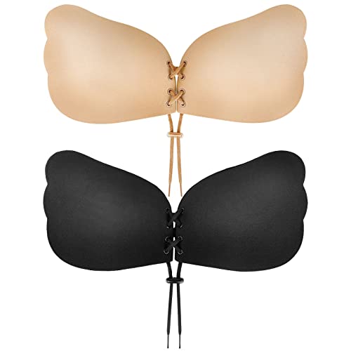 Cmojsk,Sticky Bra, Backless Strapless Bra Push Up, Adhesive Invisible Lift Up Bras 2 Pairs Black/Beige,D