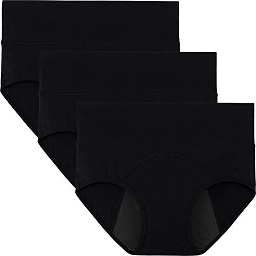 INNERSY Womens High Waisted Period Underwear Menstrual Leakproof Cotton Panties 3 Pack(X-Large, Black)