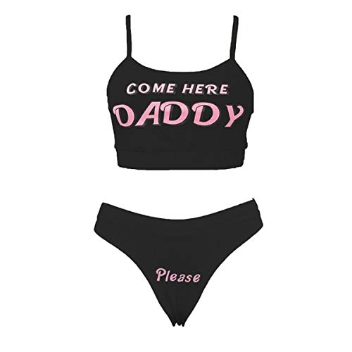 Multitrust Sexy Women Come Here Daddy Please Print Strappy Lingerie Set 2PCS See Tank Tops and Panty Sets Pajamas Sleepwear (Black, S)