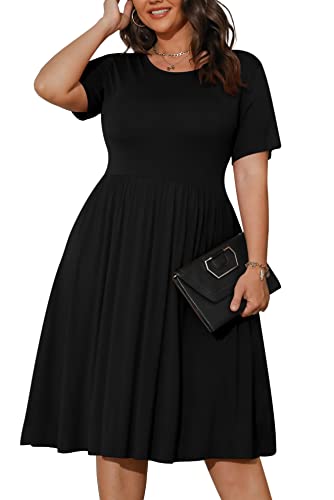 POSESHE Womens Plus Size Black Dresses Summer Short Sleeve Casual 2023 Round Neck Dress with Pockets,Black,2XL