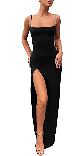 PRIMODA Women's Spaghetti Strap Backless Thigh-high Slit Bodycon Maxi Long Dress Club Party Dress(Black M)