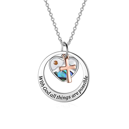 AOBOCO Mountain Mustard Seed Faith Necklace Sterling Silver With God All Things Are Possible Cross Heart Necklace Christian Jewelry Religious Inspirational Gift for Women Men
