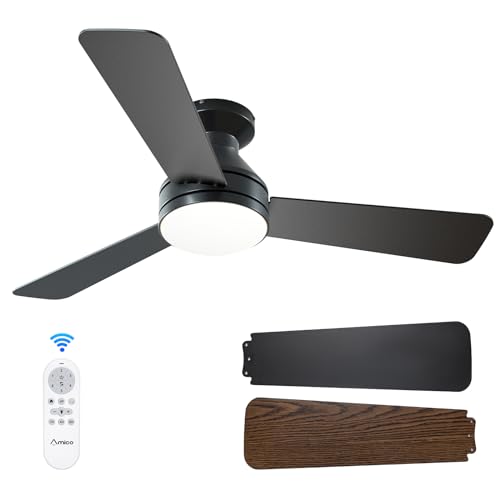 Amico Ceiling Fans with Lights, 42 inch Low Profile Ceiling Fan with Light and Remote Control, Flush Mount, Reversible, 3CCT, Dimmable, Noiseless, Black Ceiling Fan for Bedroom, Indoor/Outdoor Use