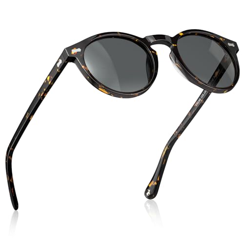 CARFIA Acetate Polarized Sunglasses for Men UV Protection Retro Trendy Cool Round Sun Glasses Grey Lens