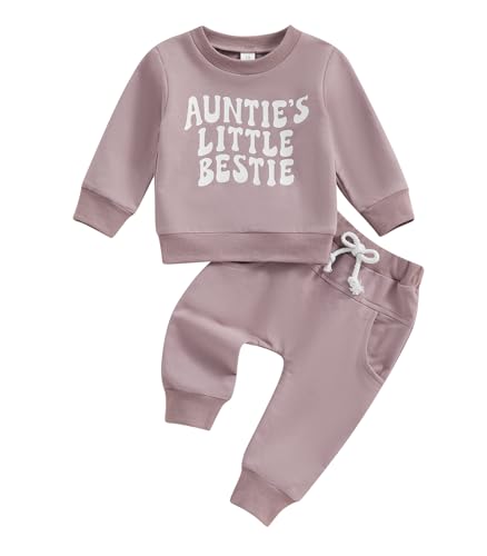 Toddler Baby Girl Clothes Aunties Bestie Letter Sweatshirts Solid Color Outfit Pants Fall Winter Set (G-Purple, 12-18 Months)