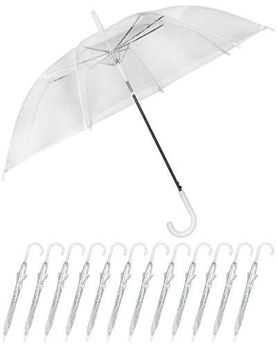 J&A Homes 12 Clear Wedding Umbrellas 46' Large Style Stick Umbrella – Bulk Pack Windproof Auto Open J Hook Handle Canopy Rain Umbrellas (Crystal Transparent) - 12 Pack