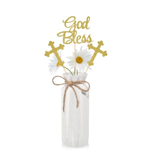 16 PCS God Bless Centerpieces Sticks Double Sided Glitter Cross Party Centerpiece for Tables Christian First Communion Baptism Party Table Toppers Flower Decorations Supplies Gold