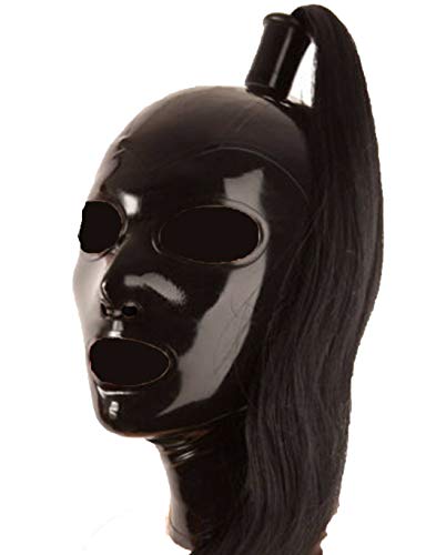 Unisex Latex hood Halloween Rubber mask with Braid Swimsuit Bikini Fashion party tights Club Role play (L)