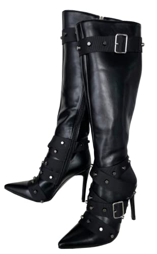 Frankie Hsu Punk Rivets Knight Black Knee High Boots Heeled Stiletto Thin Fashion Buckle Braided Fabric Belt Classic Wide Calf Large Big Size Tall Shoes For Women