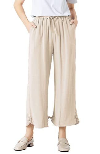 Minibee Women's Linen Cropped Pants Drawstring Waist Wide Leg Trousers with Frog Button Beige -L