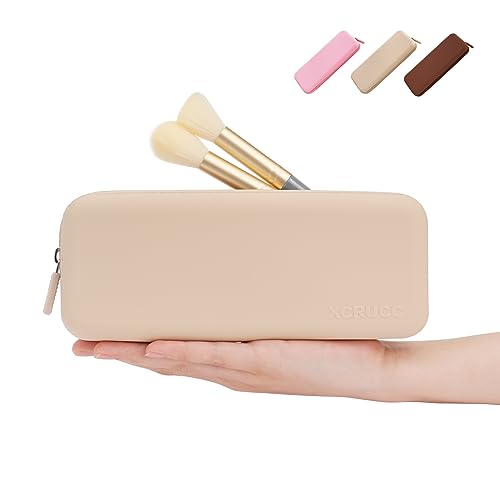 XCRUCC Travel Makeup Brush Holder,Silicone Makeup Brush Holder,Makeup Brush Bbag,BPA free Travel Accessories-Khaki