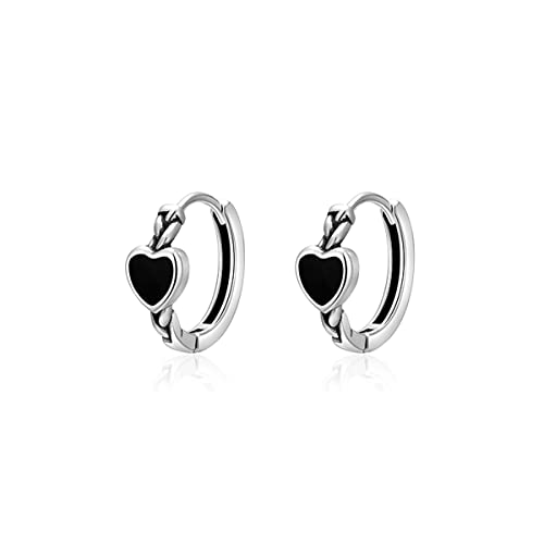 SLUYNZ 925 Sterling Silver Black Heart Hoop Earrings for Women Girls Heart Huggie Earrings Hoop (A-Silver)