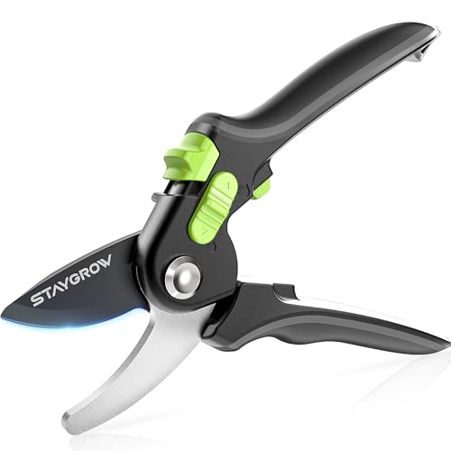 STAYGROW 8.5' Bypass Pruning Shears, All Steel Aluminum Alloy Construction Garden Shears, Ultra Sharp SK5 Carbon Steels Blades with Non-Stick Teflon Coating, Adjustable Opening Cuts Up to 3/4' (20mm）
