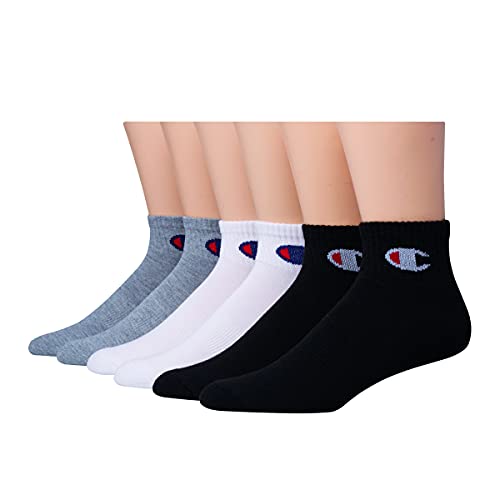 Champion Men's Double Dry Moisture Wicking Ankle Socks 6, 8, 12 Packs Availabe, White/Grey/Black-6 Pack, 6-12