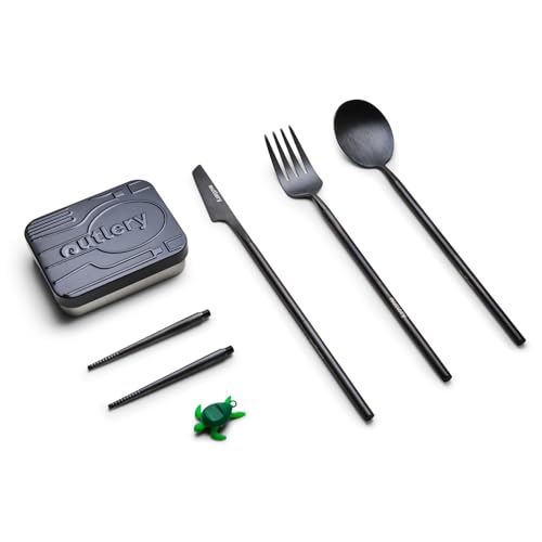 Outlery | Portable & Reusable Stainless Steel Travel Cutlery Set and Reusable Chopsticks (Black) Pocket Sized Cutlery Set