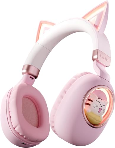 VIGROS Cat Ear Headset, Kids Headphone Volume Limited 85dB, Wireless Bluetooth Over-Ear/On-Ear Foldable Headphone with Built-in Mic for Girls in Travel School with Phone Pad Tablet Laptop PC PS4, Xbox