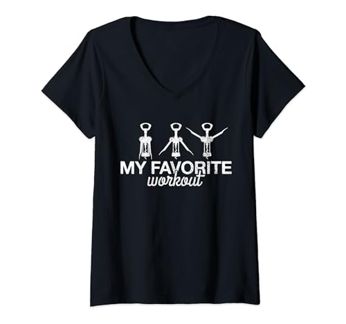 Womens My Favorite Workout Funny Lever Corkscrew Wine Lover Gift V-Neck T-Shirt