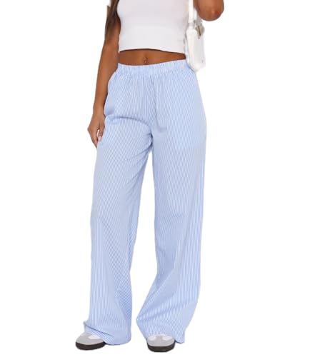 NUFIWI Women Y2k Lounge Pants High Waist Striped Printed Wide Leg Pants Summer Casual Going Out Pants with Pocket(A Blue 014,Medium)