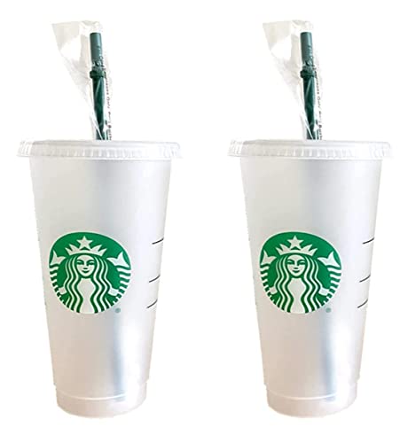 Starbucks 2 Pack Reusable Venti Frosted Cold Cup With Lid and Green Straw w/Stopper, 24 fl.oz.