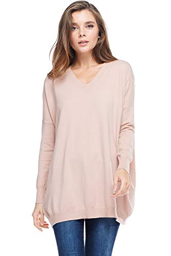 Alexander + David Womens Basic Oversized V-Neck Sweater Pullover Tunic (Dust Pink, Medium/Large)