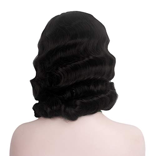 STfantasy Finger Wave Wig 1920s Retro Mid Length Long Curly Synthetic Hair for Women Cosplay Halloween Party Costume (Black)