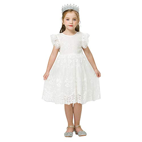 NNJXD Girls Lace Dress Girls Sleeveless Birthday Party Princess Pageant Vintage Tulle Summer Dress Size(120) 4-5 Years White