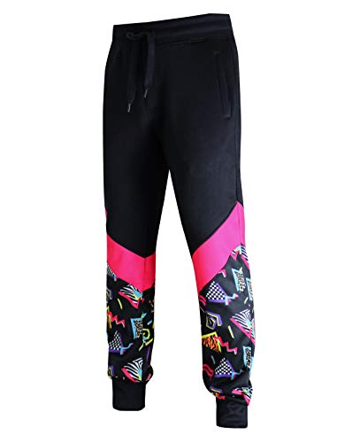 SCREENSHOT-P11963 Mens Premium Hip Hop Fashion Pockets Fleece Pants - Slim Athletic Jogger Fitness 80's Retro Print Utility Sweatpants-Black/Pop-2XLarge