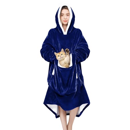 Convend Oversized Wearable Blanket Hoodie with Giant Pocket (Pet Favorites),Blanket Sweatshirt for Women and Men,Thick Flannel Blanket with Sleeves (Navy)