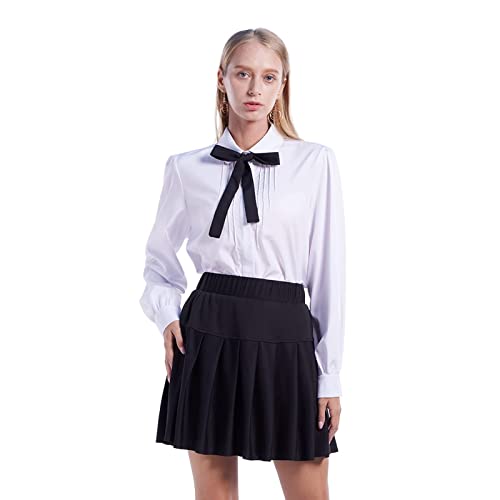 ETOSELL Womens White Button Down Shirt Long Sleeve Cotton Peter Pan Blouses White Collared Dress Shirt with Bow Tie