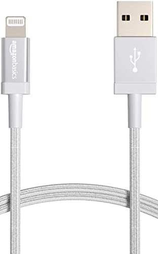 Amazon Basics USB-A to Lightning Charger Cable, Nylon Braided Cord, MFi Certified Charger for Apple iPhone 14 13 12 11 X Xs Pro, Pro Max, Plus, iPad, 6 Foot, Silver