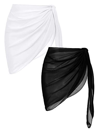 Ekouaer Womens Apparel, 2 Pieces, Short Sarongs Sheer Cover Ups Chiffon Bikini Bathing Suit for Swimwear, A-black-white, Medium