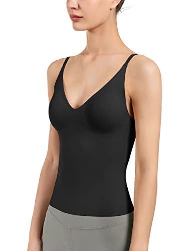 Women's Fit Camisole with Built in Bra - Spaghetti Straps Camis Tank with Shest pad One-Piece Cut Seamless (M, A-Style-Black)