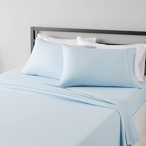 Amazon Basics Lightweight Super Soft Easy Care Microfiber 4-Piece Bed Sheet Set with 14-Inch Deep Pockets, Queen, Light Blue, Solid