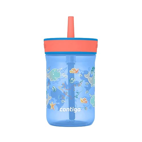 Contigo Leighton Kids Plastic Water Bottle, 14oz Spill-Proof Tumbler with Straw for Kids, Dishwasher Safe, Blue Poppy/Narwhals