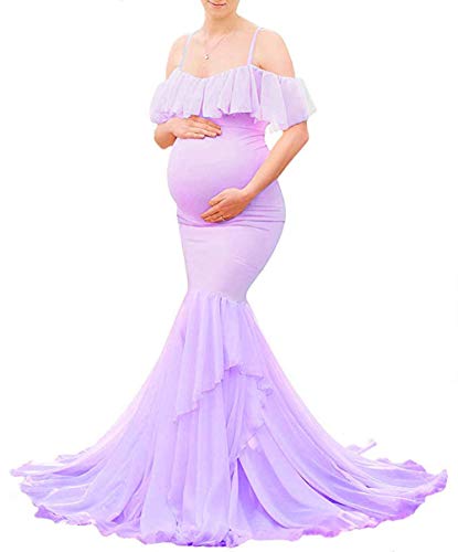 JustVH Maternity Off Shoulder Ruffles Elegant Fitted Gown Spaghetti Strap Mermaid Maxi Photography Dress for Photoshoot Purple