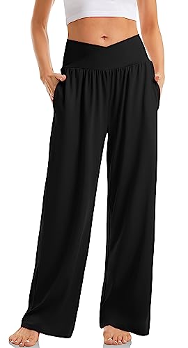 TARSE Womens Plus Size Pants Elastic Waist Yoga Pants Comfy Lounge Pajama Flowy Pants Pockets Sweatpants(Black,3XL XXXL)