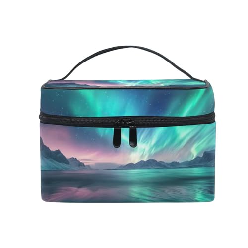 WELLDAY Makeup Bag Aurora Borealis Pattern Portable Travel Cosmetic Case Toiletry Organizer for Women