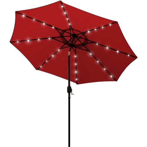Blissun 9 ft Solar Umbrella, 32 LED Lighted Patio Umbrella, Table Market Umbrella, Outdoor Umbrella for Garden, Deck, Backyard, Pool and Beach (Red)