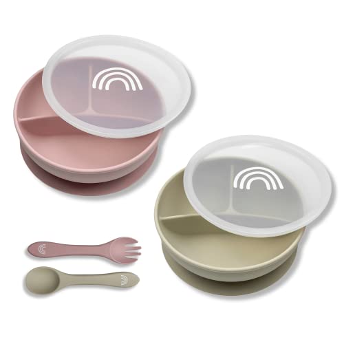 Hippypotamus Suction Bowls with Lids & Utensils - Baby & Toddler - 100% Food-Grade Silicone Divided Bowls - BPA Free - Dishwasher Safe - Set of 2 (Blush/Nude)