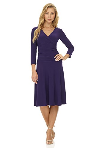 Rekucci Women's Slimming 3/4 Sleeve Fit-and-Flare Crossover Tummy Control Dress (6, Aubergine)